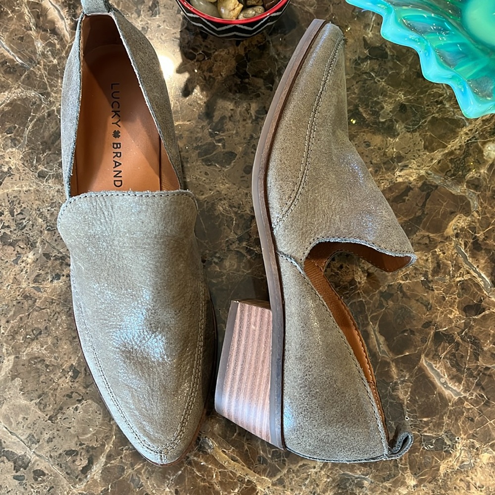 New Lucky Brand Mahzan Pointed Toe Stacked Heel Cutout Leather Loafer Bootie 7.5